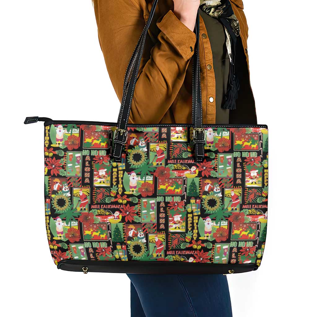 Hawaiian Santa Christmas Pattern Leather Tote Bag Black Version - Polynesian Pride