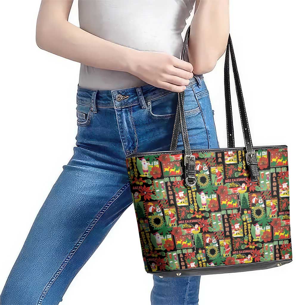 Hawaiian Santa Christmas Pattern Leather Tote Bag Black Version - Polynesian Pride