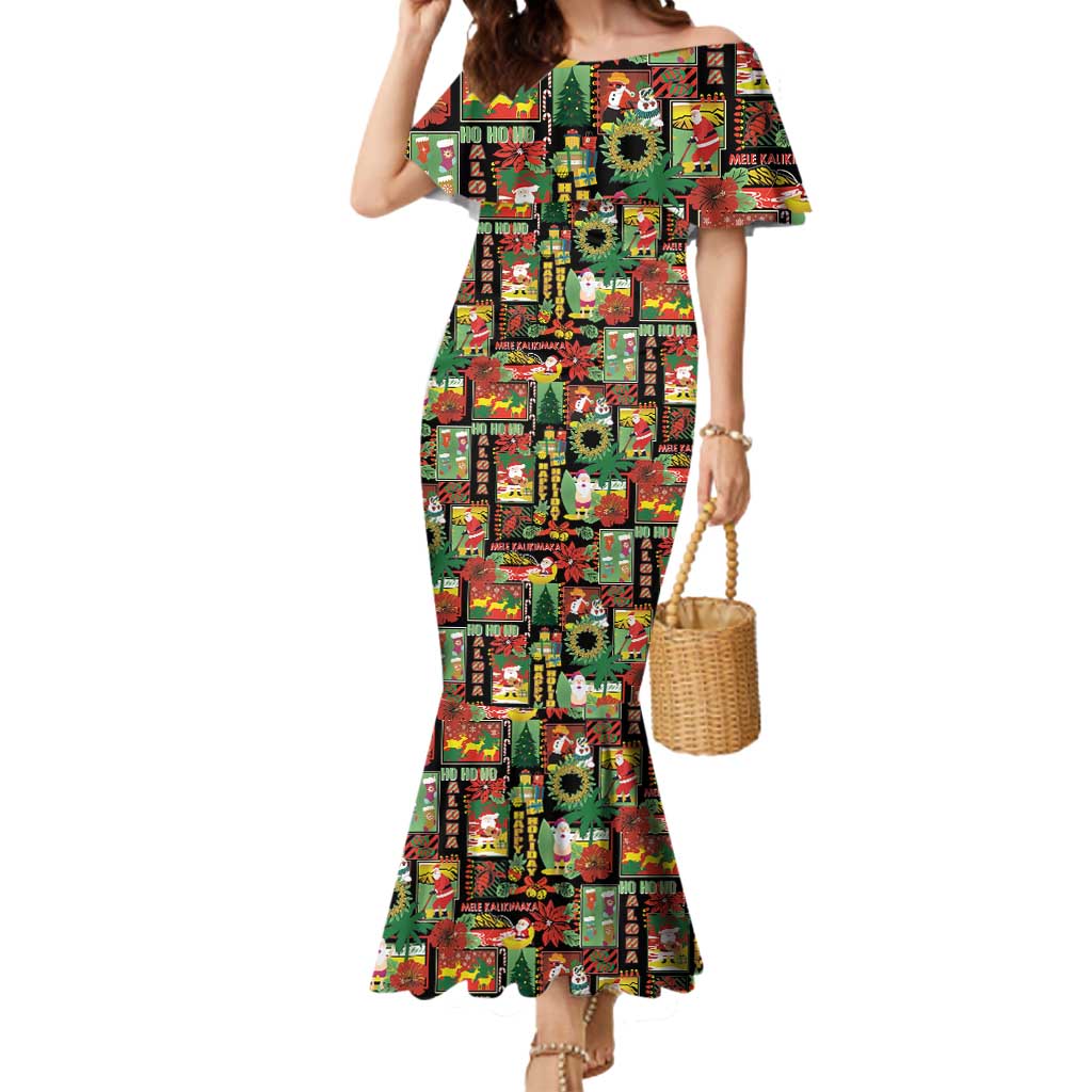 Hawaiian Santa Christmas Pattern Mermaid Dress Black Version - Polynesian Pride