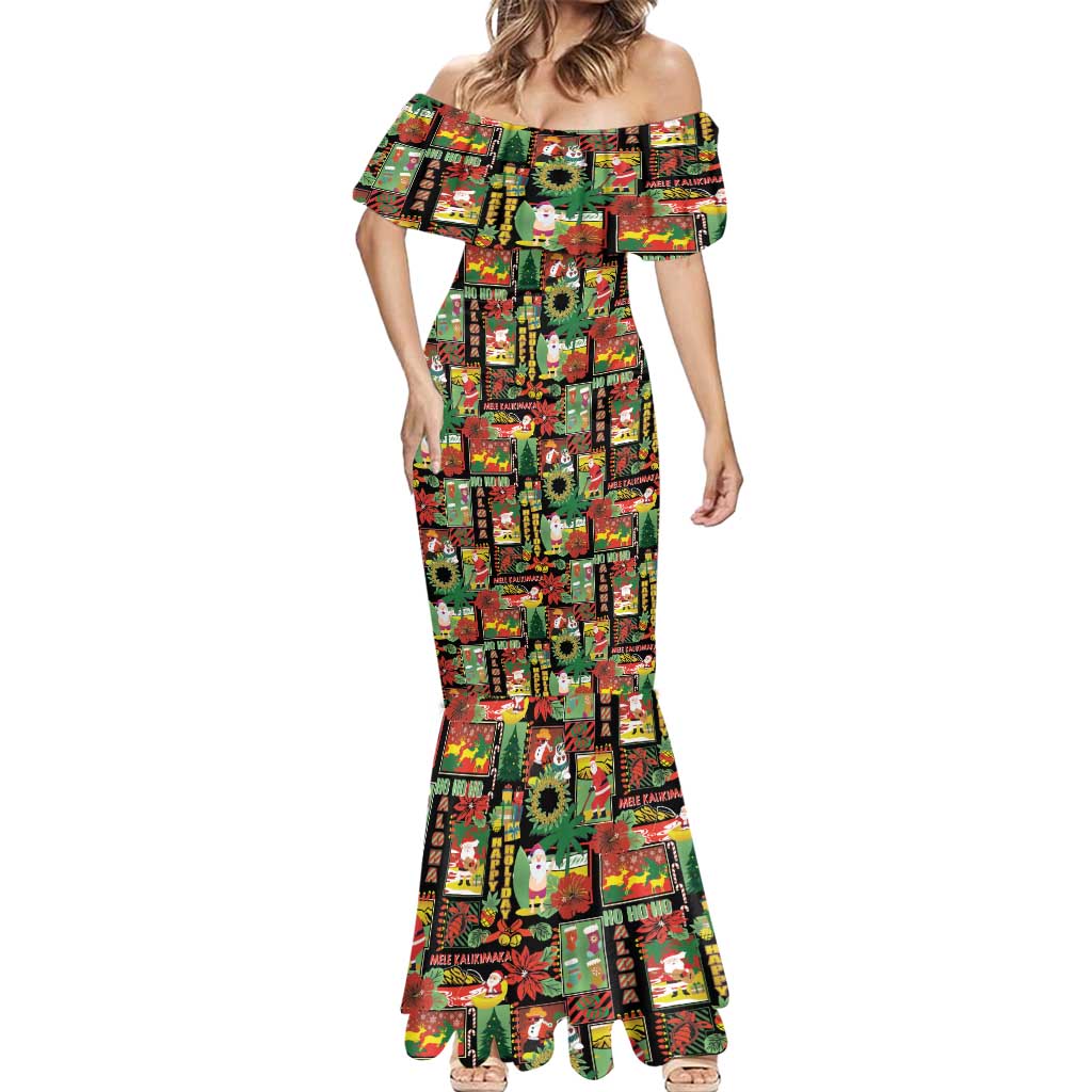 Hawaiian Santa Christmas Pattern Mermaid Dress Black Version - Polynesian Pride