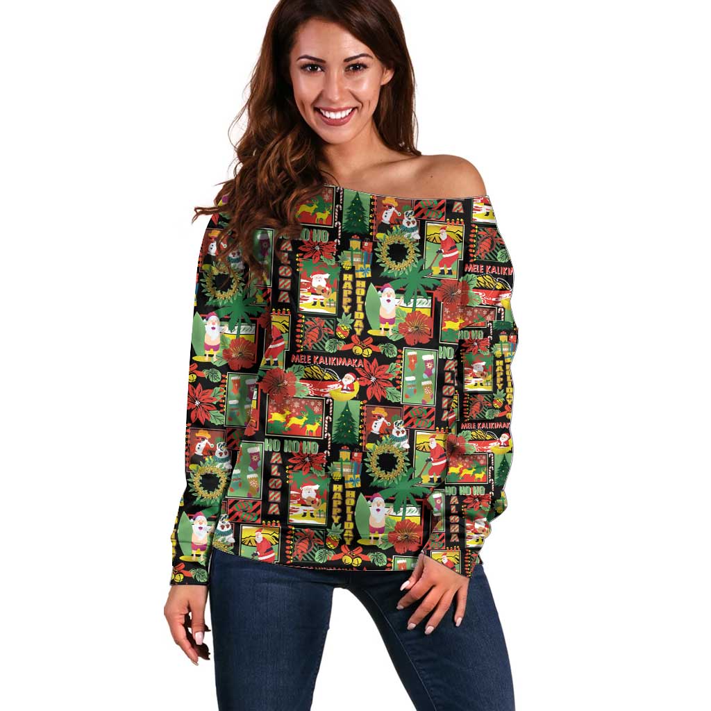 Hawaiian Santa Christmas Pattern Off Shoulder Sweater Black Version - Polynesian Pride