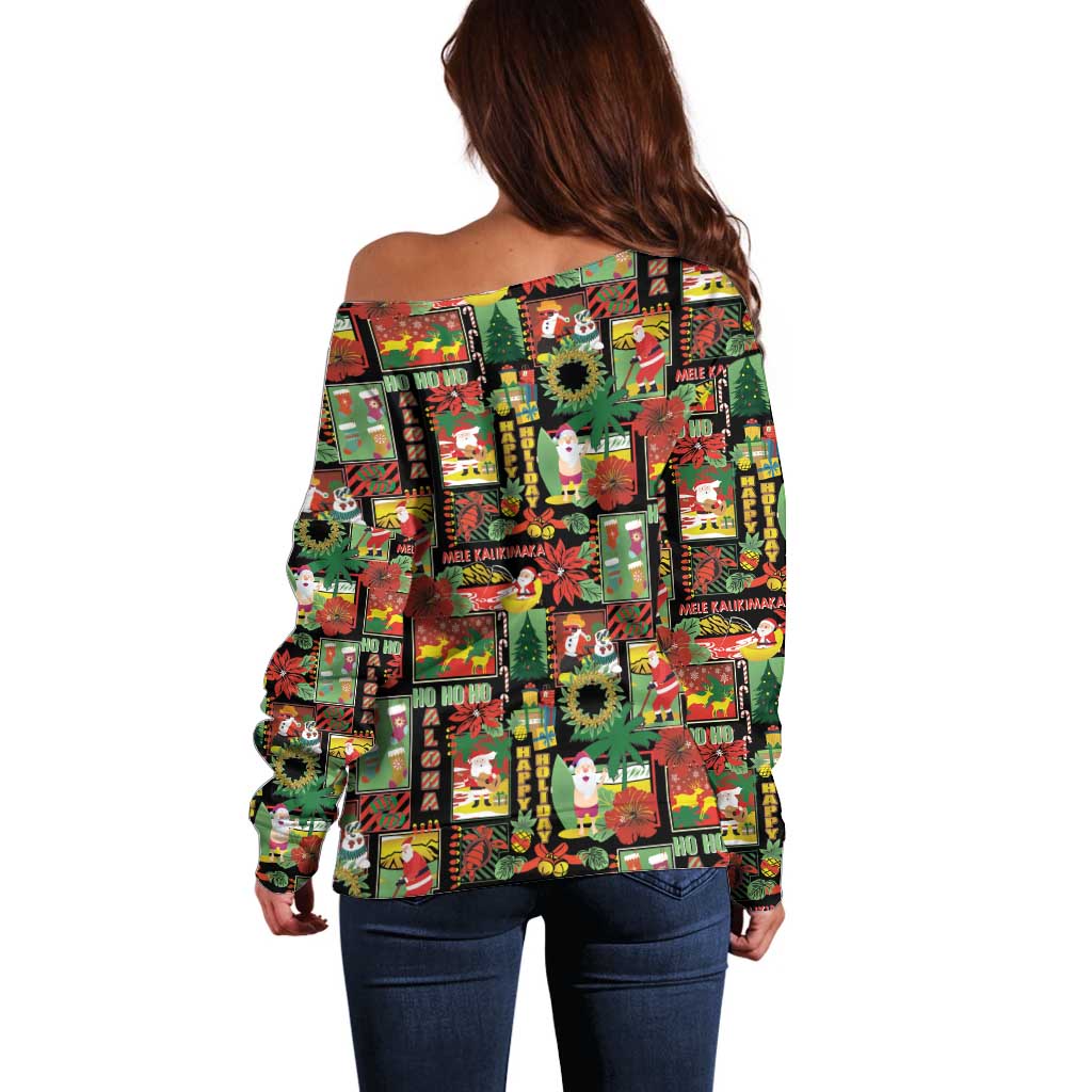 Hawaiian Santa Christmas Pattern Off Shoulder Sweater Black Version - Polynesian Pride