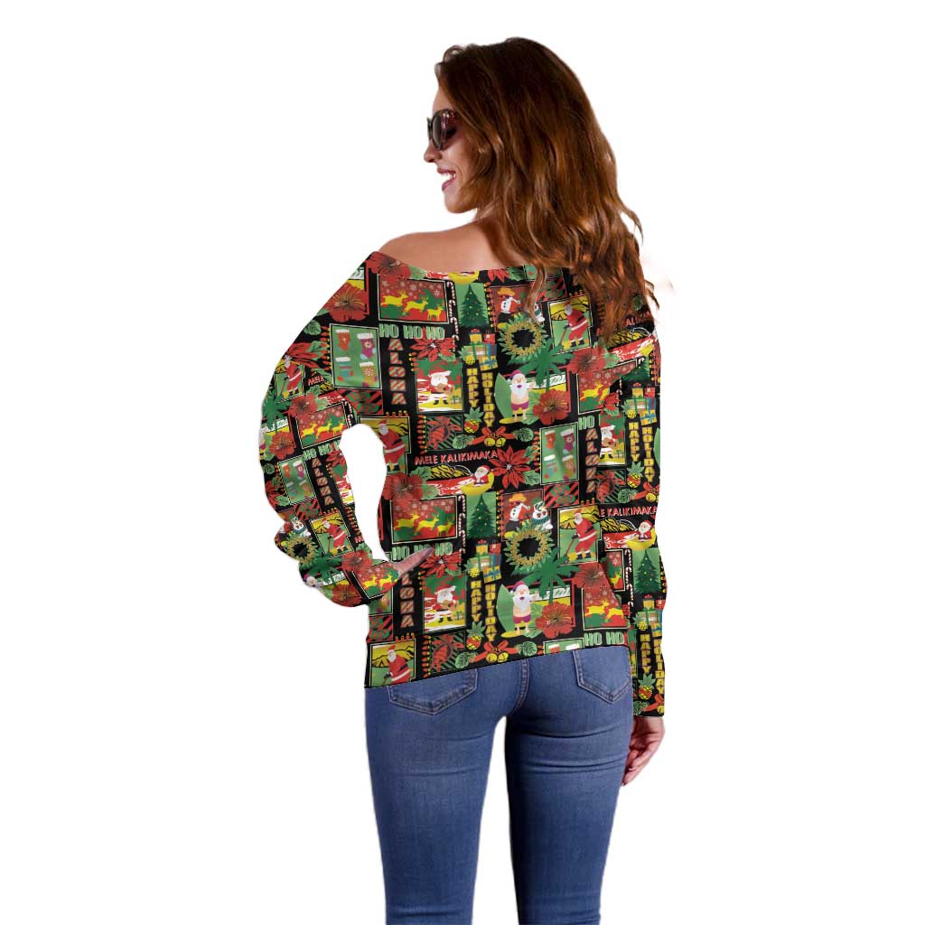 Hawaiian Santa Christmas Pattern Off Shoulder Sweater Black Version - Polynesian Pride