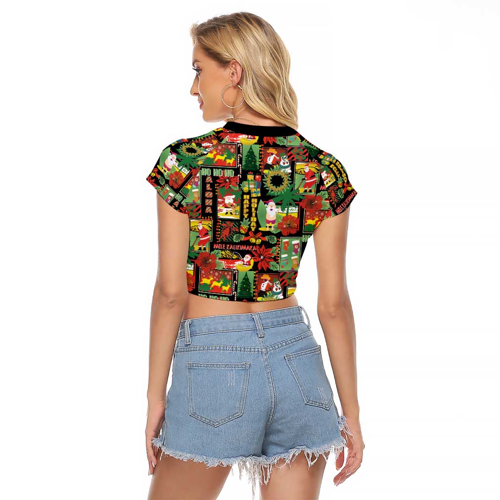 Hawaiian Santa Christmas Pattern Raglan Cropped T Shirt Black Version - Polynesian Pride