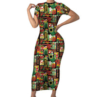 Hawaiian Santa Christmas Pattern Short Sleeve Bodycon Dress Black Version - Polynesian Pride