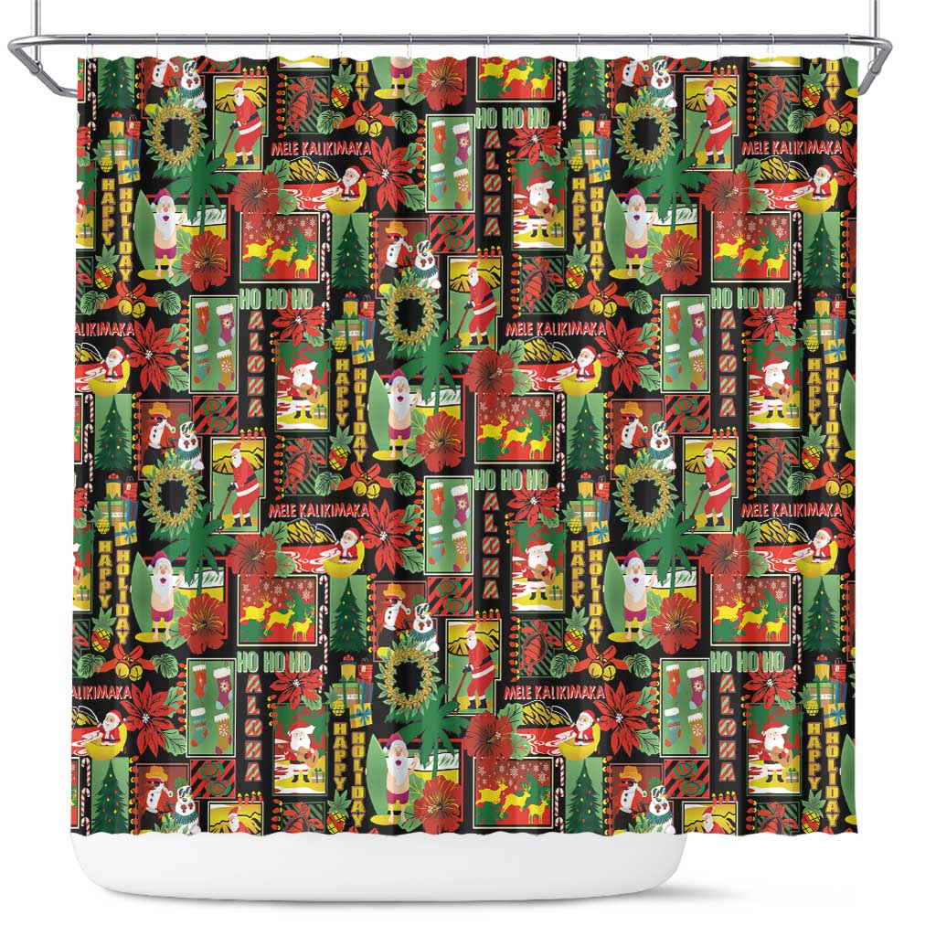 Hawaiian Santa Christmas Pattern Shower Curtain Black Version LT01 Red - Polynesian Pride