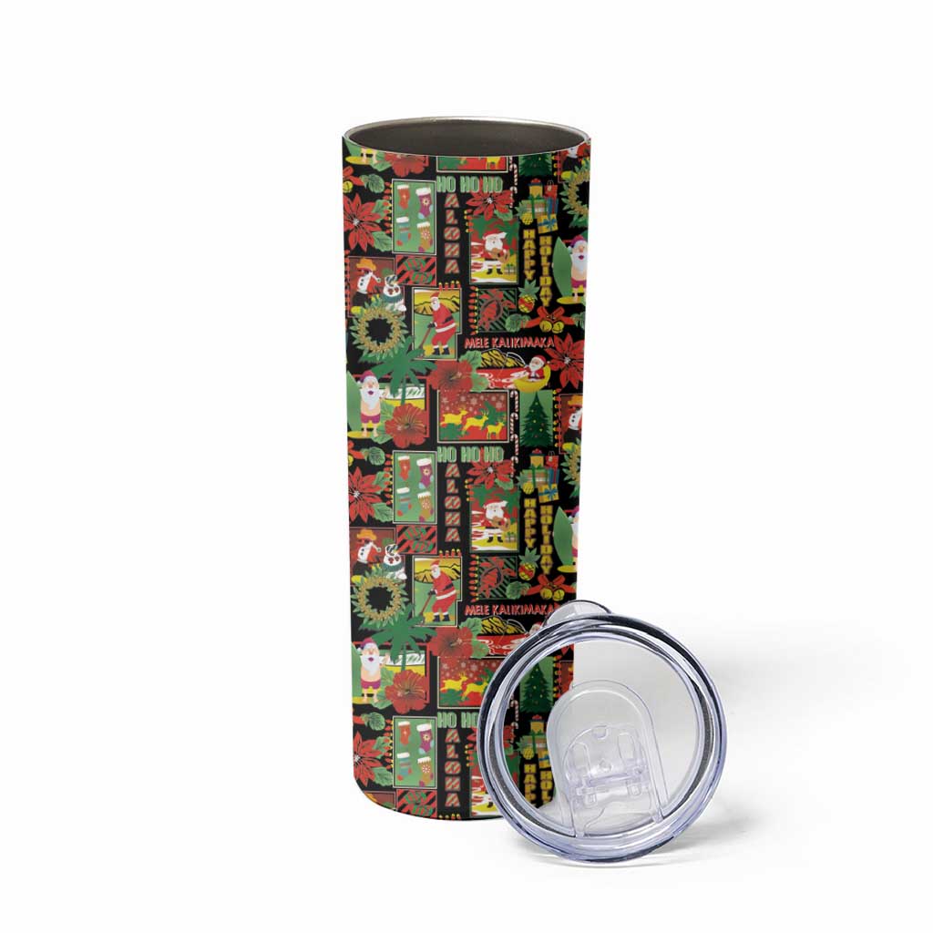 Hawaiian Santa Christmas Pattern Skinny Tumbler Black Version - Polynesian Pride