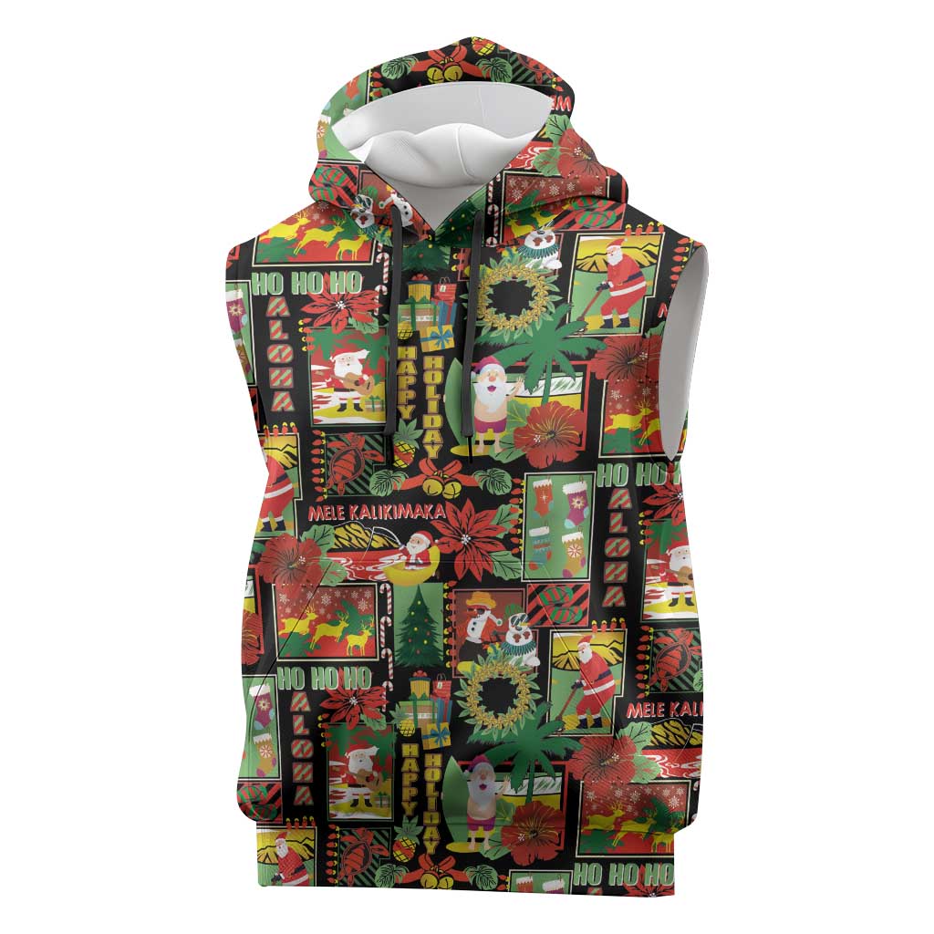 Hawaiian Santa Christmas Pattern Sleeveless Hoodie Black Version - Polynesian Pride