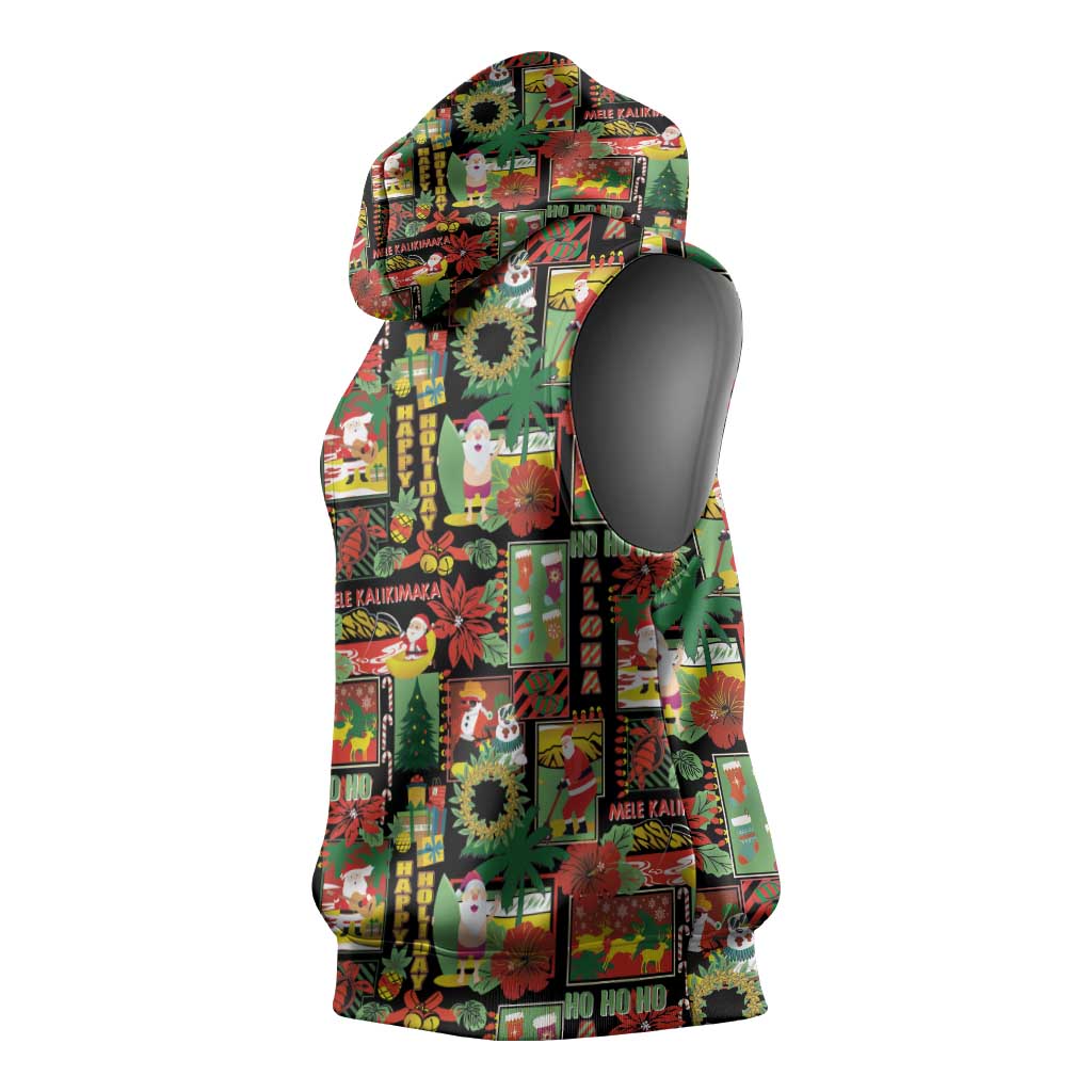 Hawaiian Santa Christmas Pattern Sleeveless Hoodie Black Version - Polynesian Pride