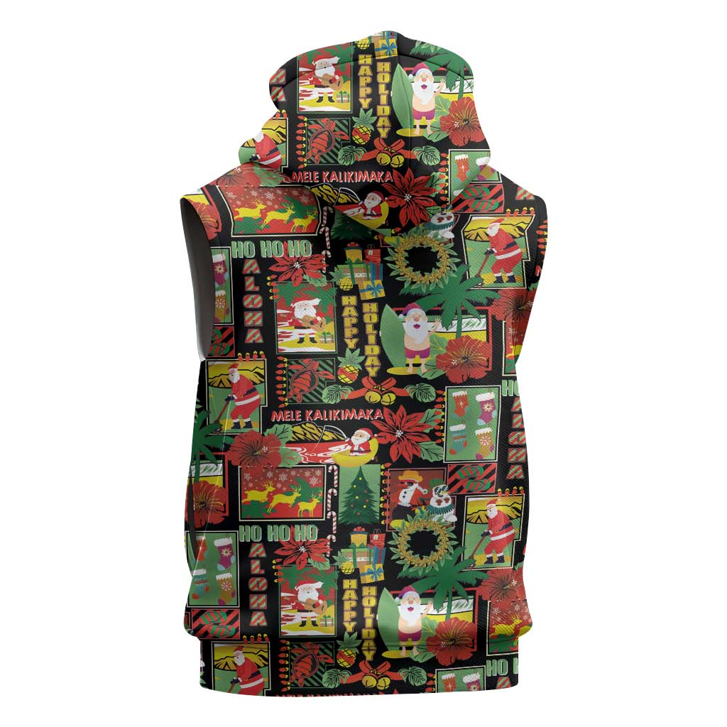Hawaiian Santa Christmas Pattern Sleeveless Zip Hoodie Black Version - Polynesian Pride