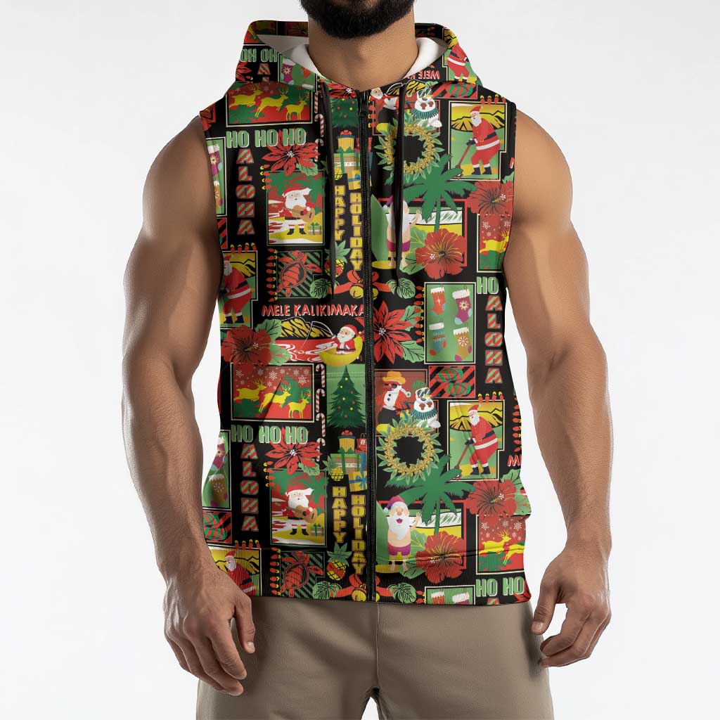 Hawaiian Santa Christmas Pattern Sleeveless Zip Hoodie Black Version - Polynesian Pride