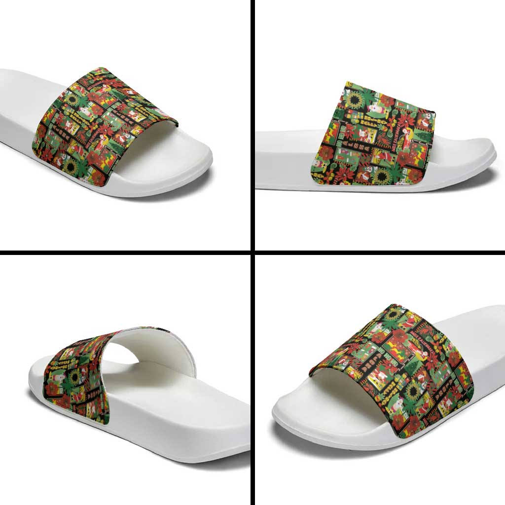 Hawaiian Santa Christmas Pattern Slide Sandals Black Version - Polynesian Pride