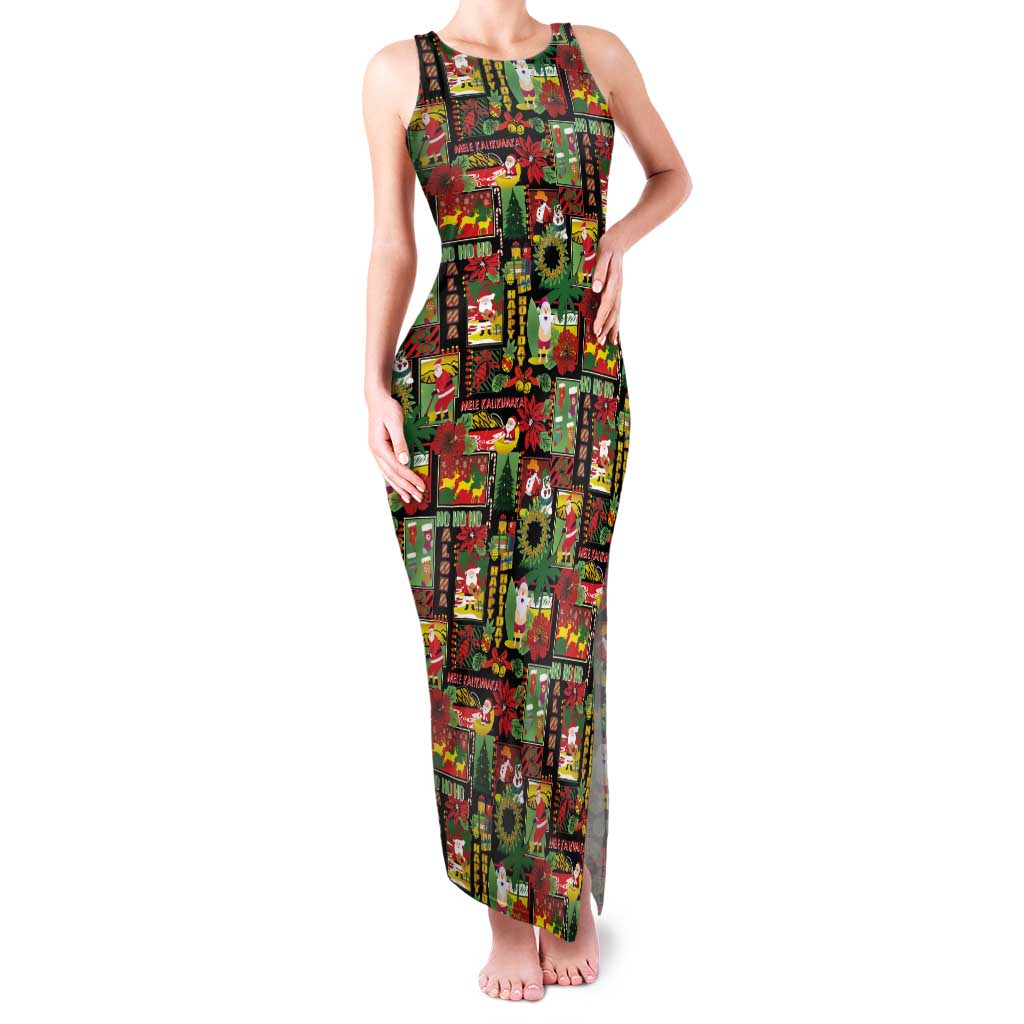 Hawaiian Santa Christmas Pattern Tank Maxi Dress Black Version - Polynesian Pride