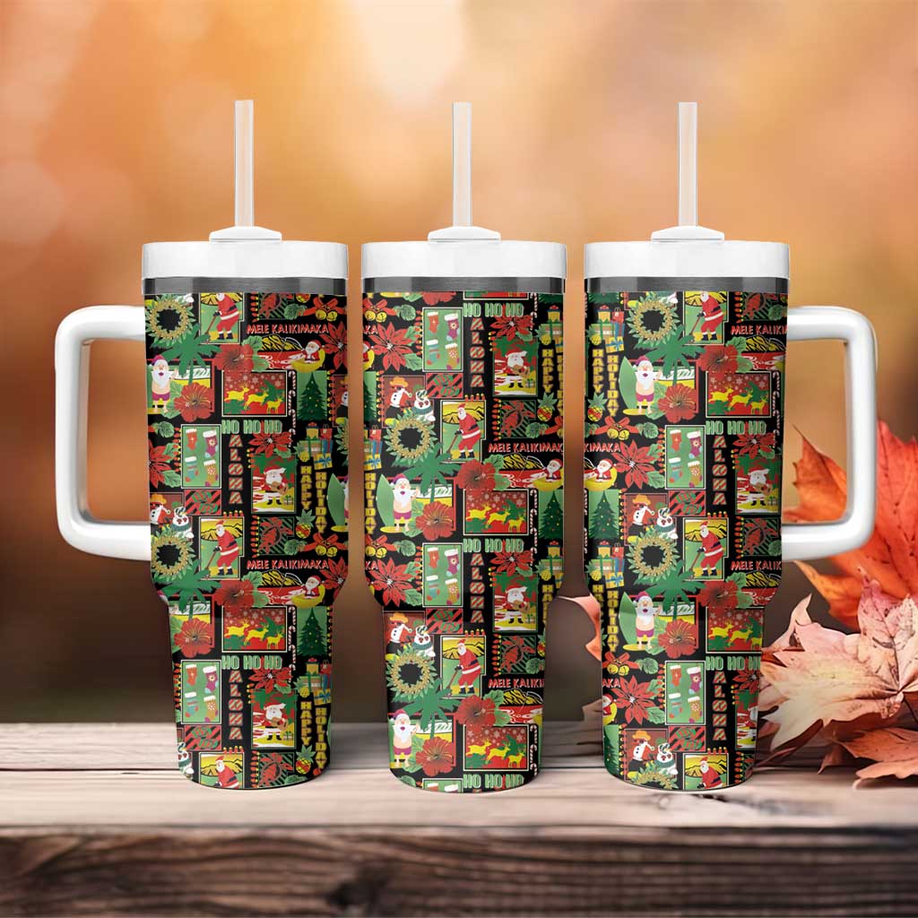 Hawaiian Santa Christmas Pattern Tumbler With Handle Black Version - Polynesian Pride