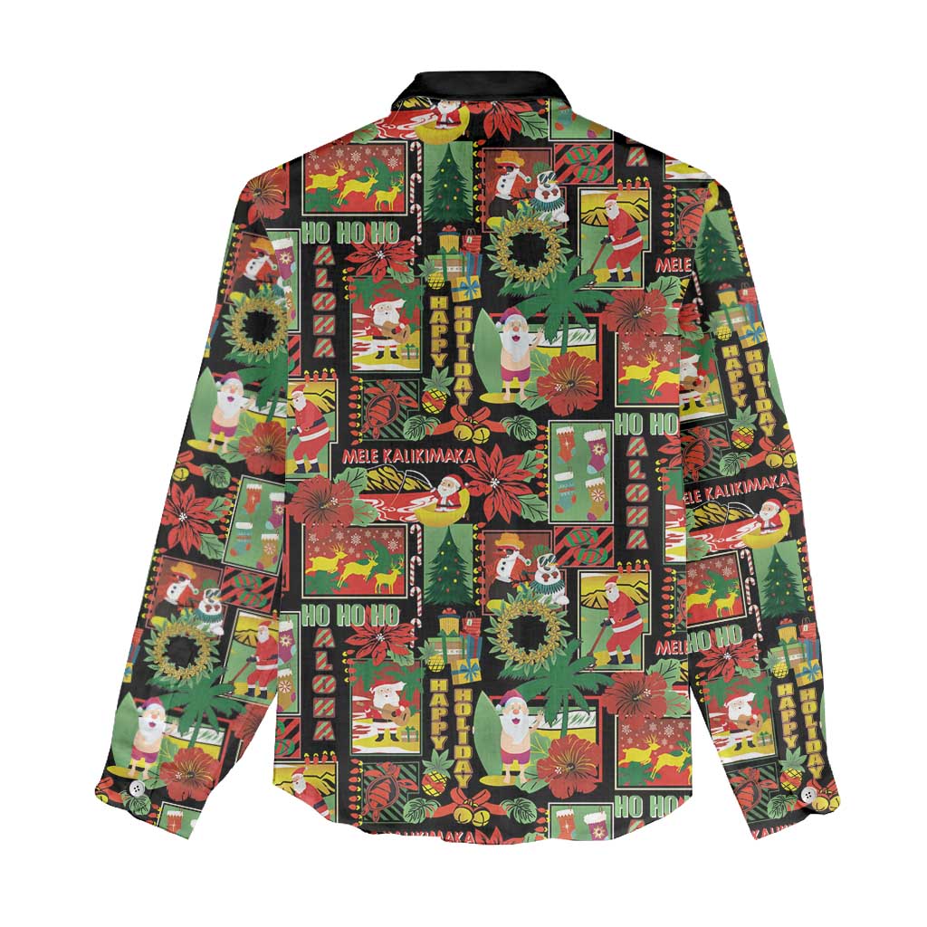 Hawaiian Santa Christmas Pattern Women Casual Shirt Black Version - Polynesian Pride