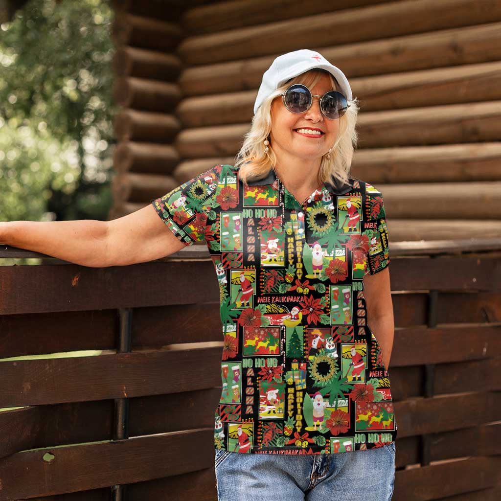 Hawaiian Santa Christmas Pattern Women Polo Shirt Black Version - Polynesian Pride