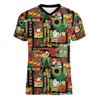 Hawaiian Santa Christmas Pattern Women V-Neck T-Shirt Black Version - Polynesian Pride