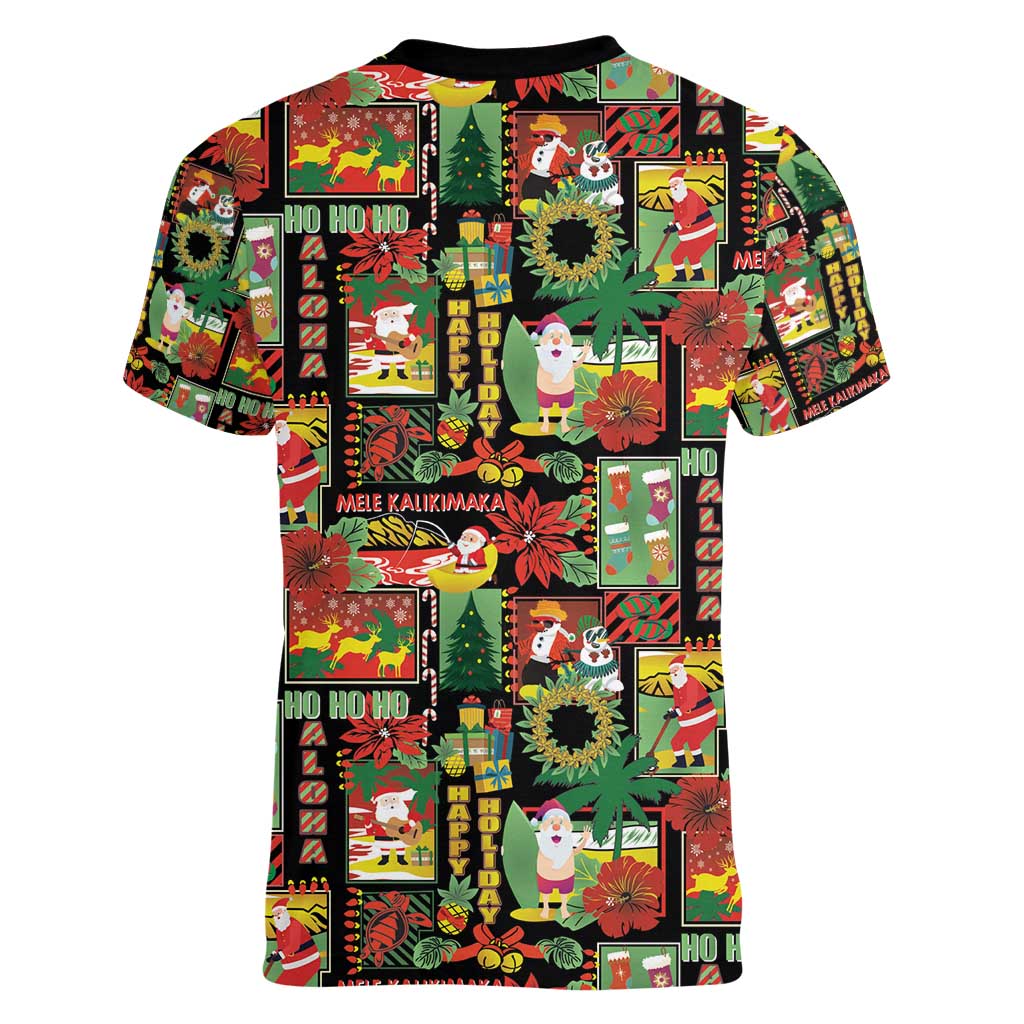 Hawaiian Santa Christmas Pattern Women V-Neck T-Shirt Black Version - Polynesian Pride