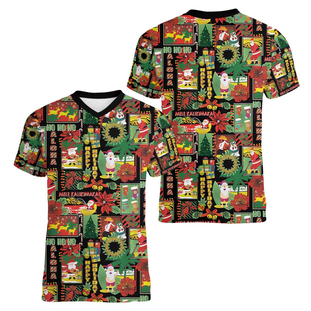 Hawaiian Santa Christmas Pattern Women V-Neck T-Shirt Black Version - Polynesian Pride