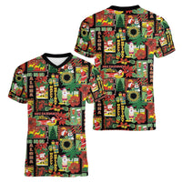 Hawaiian Santa Christmas Pattern Women V-Neck T-Shirt Black Version - Polynesian Pride