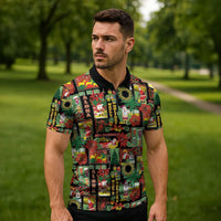 Hawaiian Santa Christmas Pattern Zipper Polo Shirt Black Version - Polynesian Pride