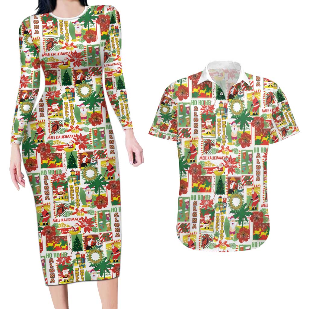 Hawaiian Santa Christmas Pattern Couples Matching Long Sleeve Bodycon Dress and Hawaiian Shirt White Version - Polynesian Pride