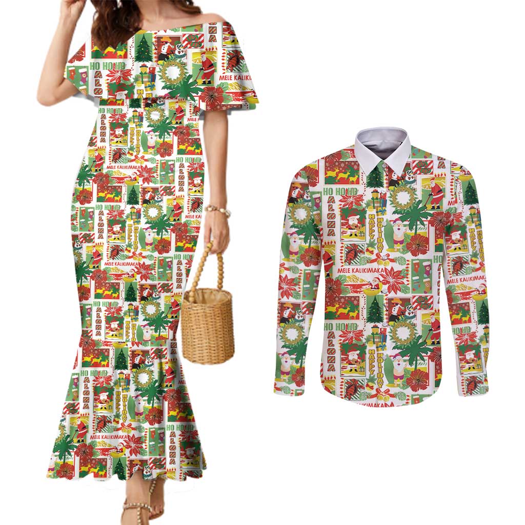 Hawaiian Santa Christmas Pattern Couples Matching Mermaid Dress and Long Sleeve Button Shirt White Version - Polynesian Pride