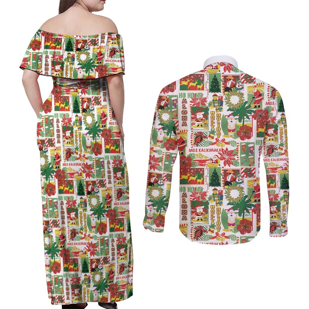 Hawaiian Santa Christmas Pattern Couples Matching Off Shoulder Maxi Dress and Long Sleeve Button Shirt White Version - Polynesian Pride