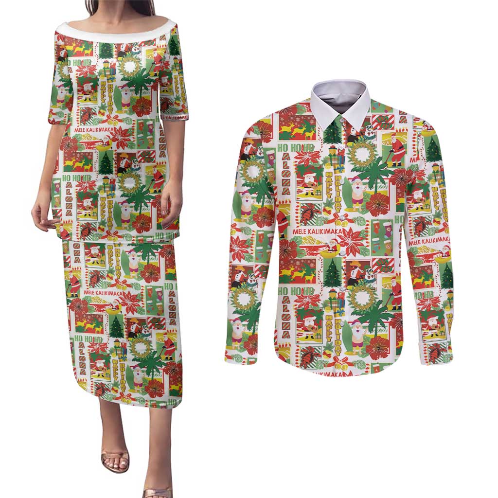 Hawaiian Santa Christmas Pattern Couples Matching Puletasi and Long Sleeve Button Shirt White Version - Polynesian Pride
