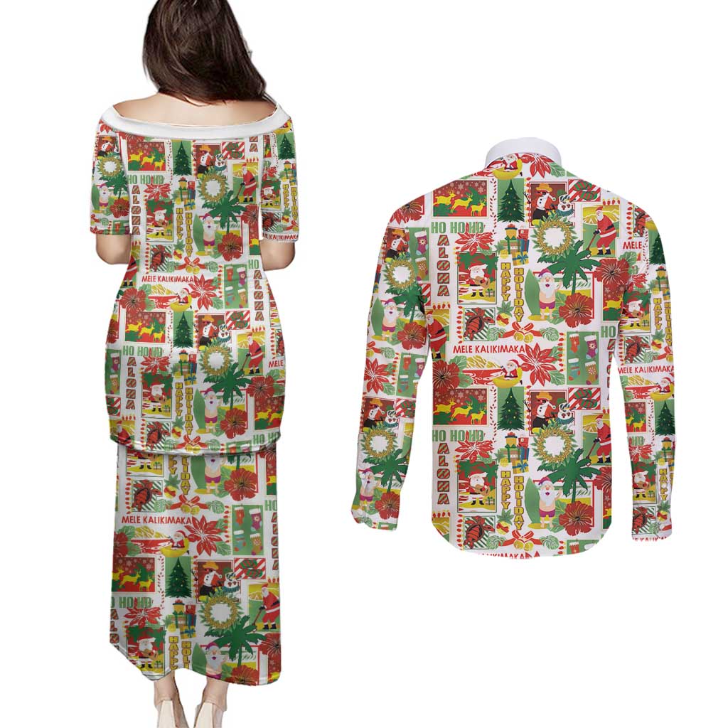 Hawaiian Santa Christmas Pattern Couples Matching Puletasi and Long Sleeve Button Shirt White Version - Polynesian Pride
