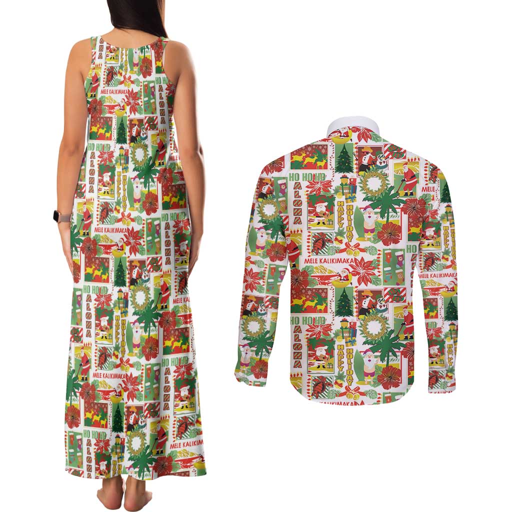 Hawaiian Santa Christmas Pattern Couples Matching Tank Maxi Dress and Long Sleeve Button Shirt White Version - Polynesian Pride