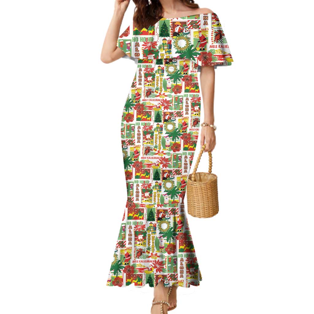 Hawaiian Santa Christmas Pattern Family Matching Mermaid Dress and Hawaiian Shirt White Version - Polynesian Pride
