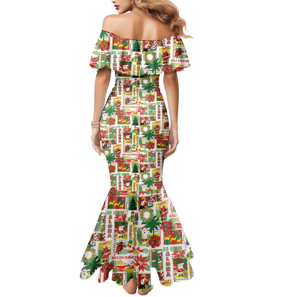 Hawaiian Santa Christmas Pattern Family Matching Mermaid Dress and Hawaiian Shirt White Version - Polynesian Pride