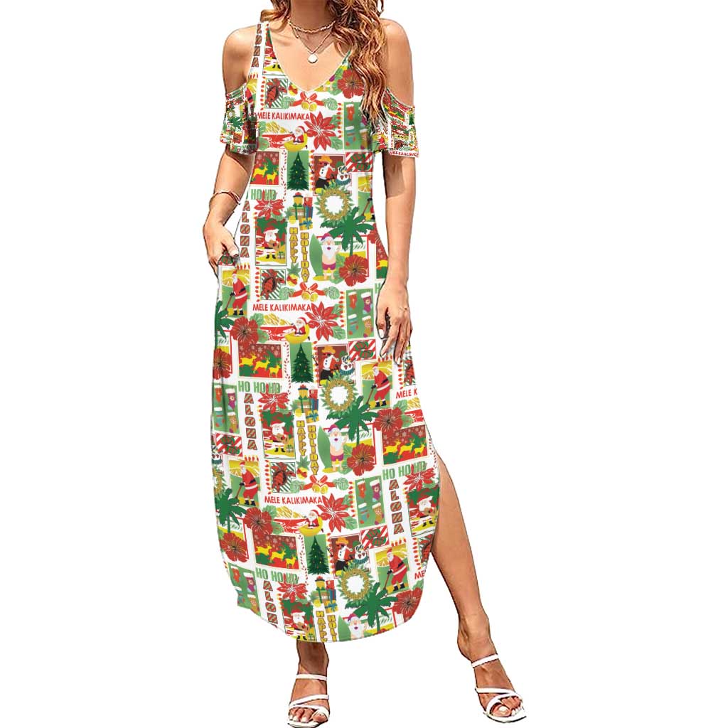 Hawaiian Santa Christmas Pattern Family Matching Summer Maxi Dress and Hawaiian Shirt White Version - Polynesian Pride