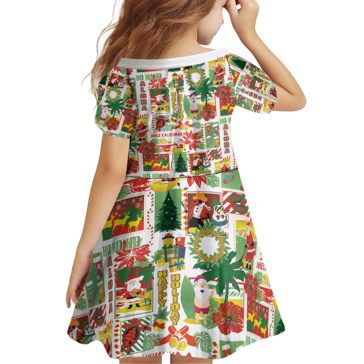 Hawaiian Santa Christmas Pattern Kid Short Sleeve Dress White Version - Polynesian Pride