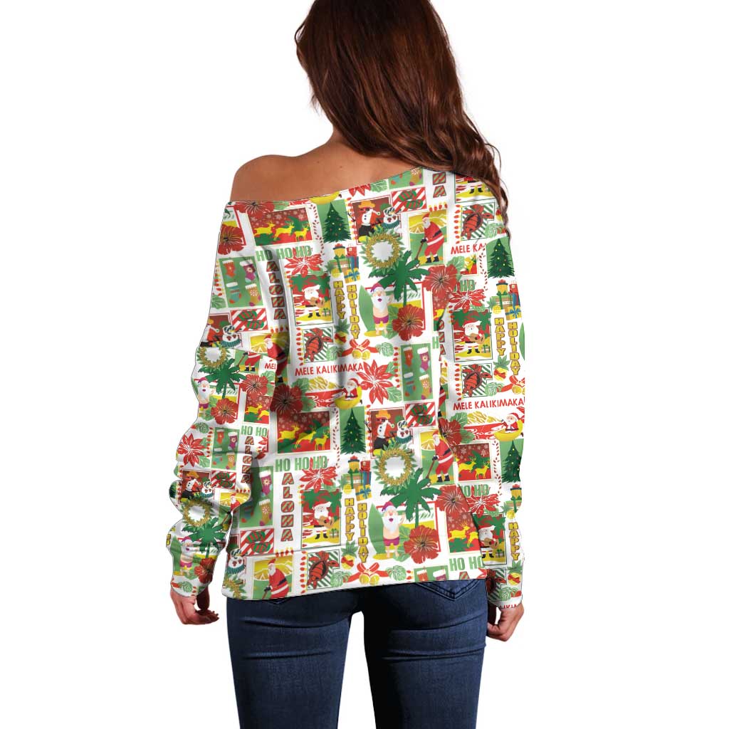 Hawaiian Santa Christmas Pattern Off Shoulder Sweater White Version - Polynesian Pride
