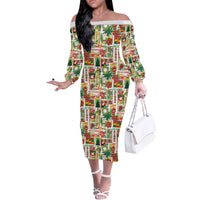 Hawaiian Santa Christmas Pattern Off The Shoulder Long Sleeve Dress White Version - Polynesian Pride