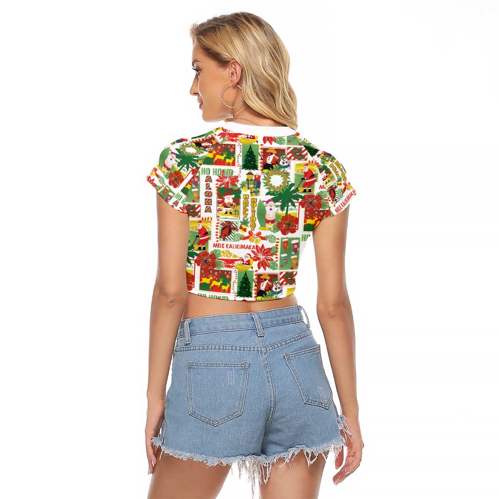 Hawaiian Santa Christmas Pattern Raglan Cropped T Shirt White Version - Polynesian Pride
