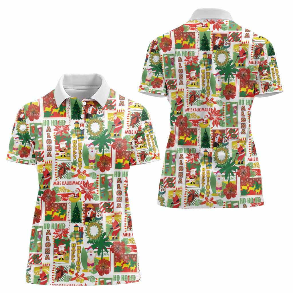 Hawaiian Santa Christmas Pattern Women Polo Shirt White Version - Polynesian Pride