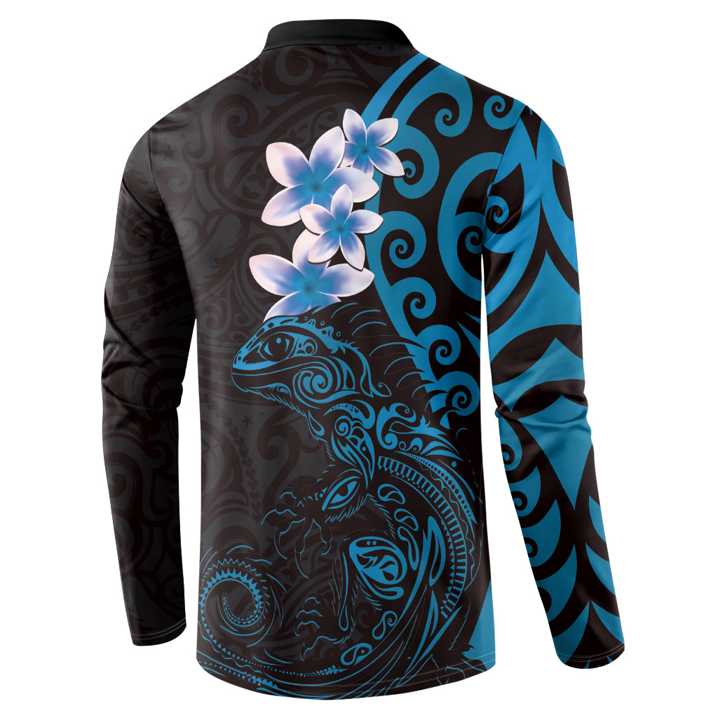 New Zealand Tuatara Plumeria Button Sweatshirt Maori Blue Koru Tribal Tattoo