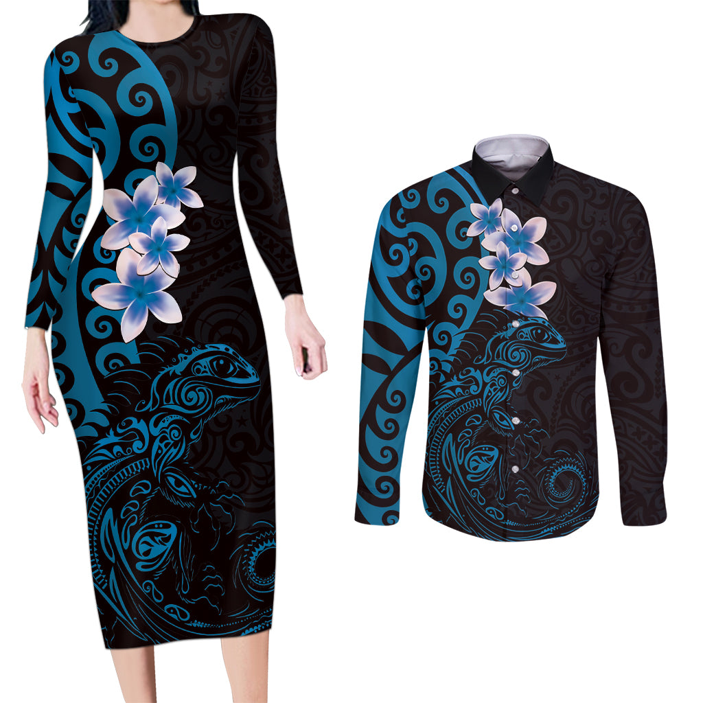 New Zealand Tuatara Plumeria Couples Matching Long Sleeve Bodycon Dress and Long Sleeve Button Shirt Maori Blue Koru Tribal Tattoo LT01 Blue - Polynesian Pride
