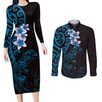 New Zealand Tuatara Plumeria Couples Matching Long Sleeve Bodycon Dress and Long Sleeve Button Shirt Maori Blue Koru Tribal Tattoo LT01 Blue - Polynesian Pride