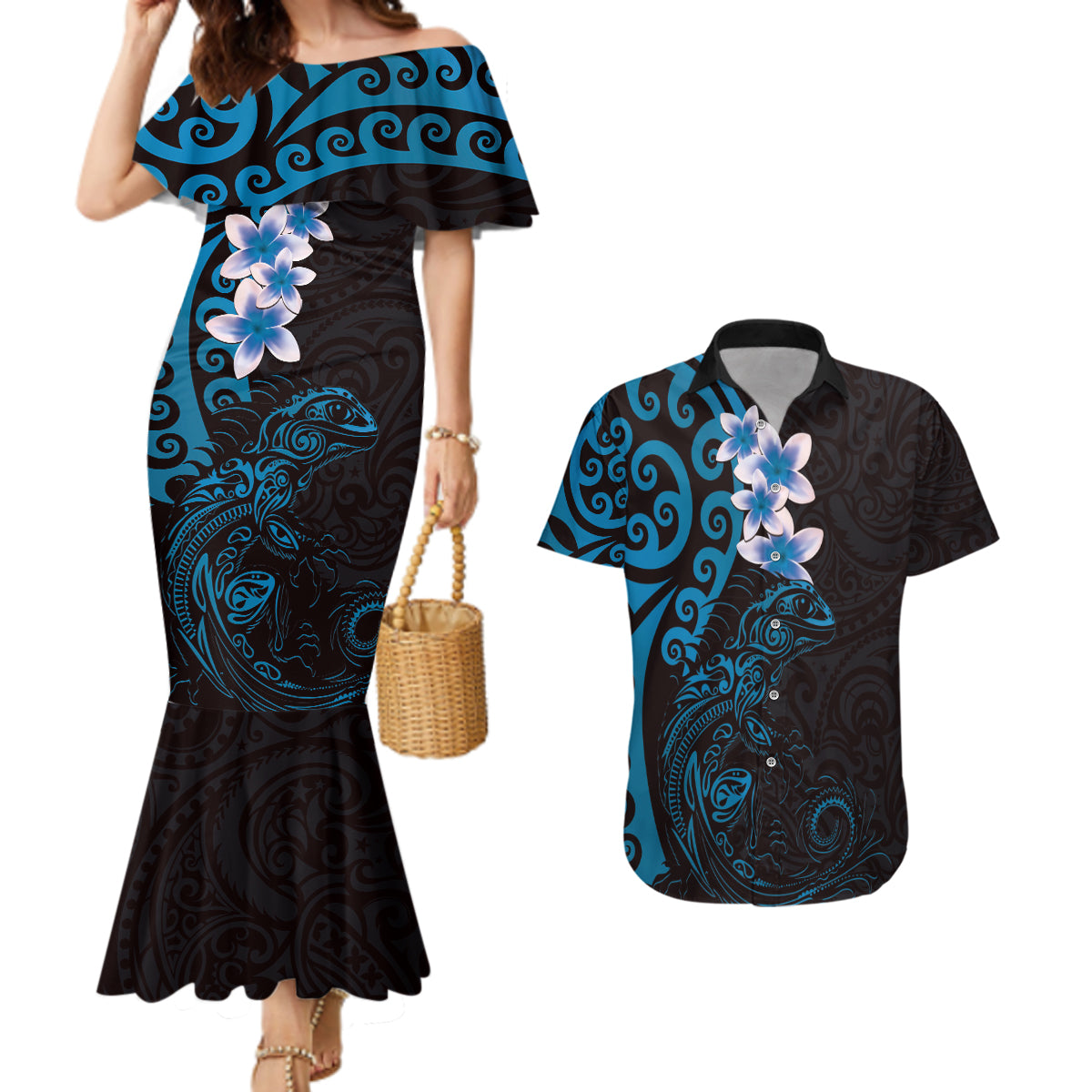 New Zealand Tuatara Plumeria Couples Matching Mermaid Dress and Hawaiian Shirt Maori Blue Koru Tribal Tattoo