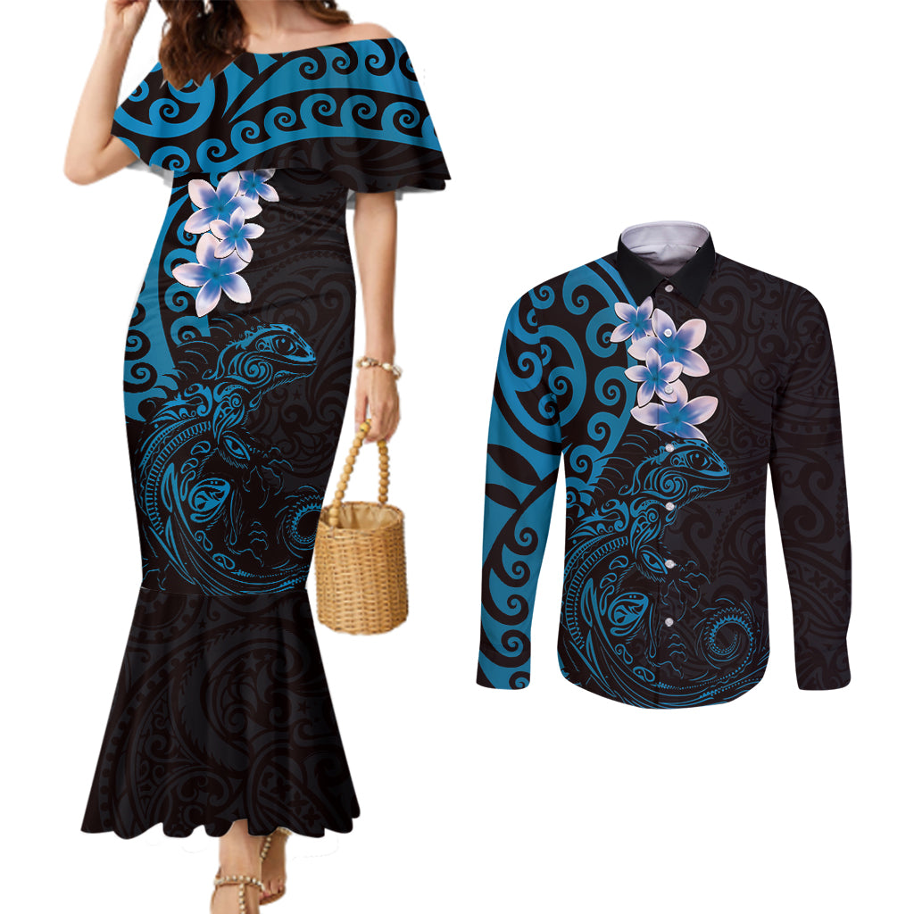 New Zealand Tuatara Plumeria Couples Matching Mermaid Dress and Long Sleeve Button Shirt Maori Blue Koru Tribal Tattoo LT01 Blue - Polynesian Pride