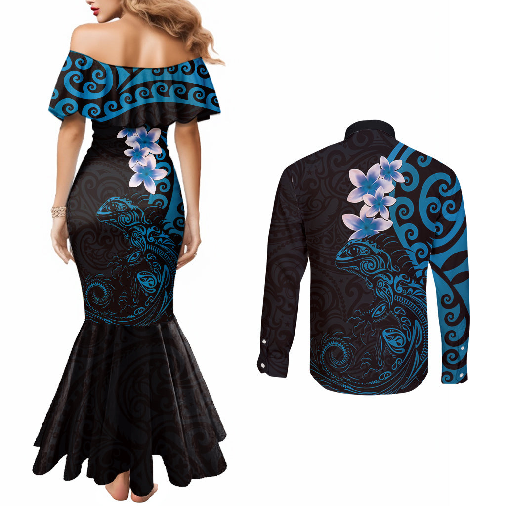 New Zealand Tuatara Plumeria Couples Matching Mermaid Dress and Long Sleeve Button Shirt Maori Blue Koru Tribal Tattoo LT01 - Polynesian Pride