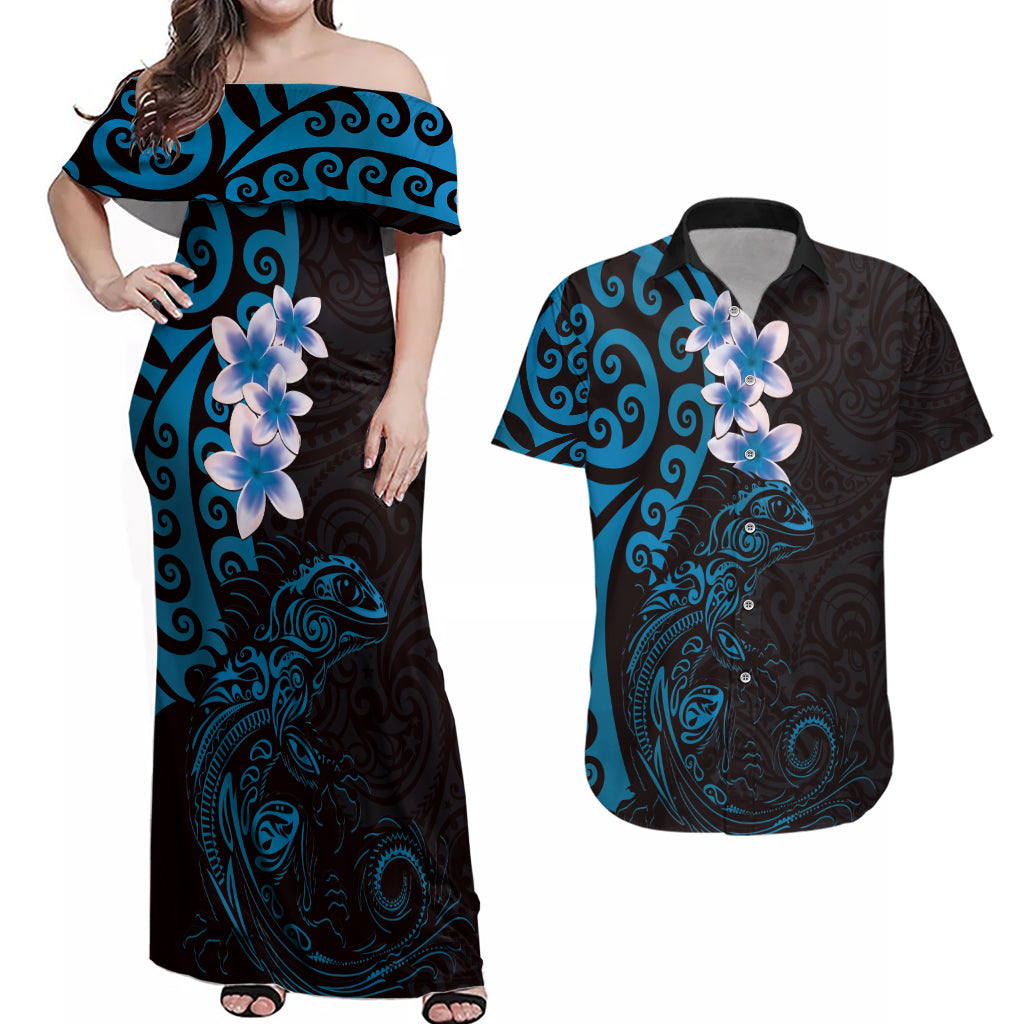 New Zealand Tuatara Plumeria Couples Matching Off Shoulder Maxi Dress and Hawaiian Shirt Maori Blue Koru Tribal Tattoo LT01 Blue - Polynesian Pride