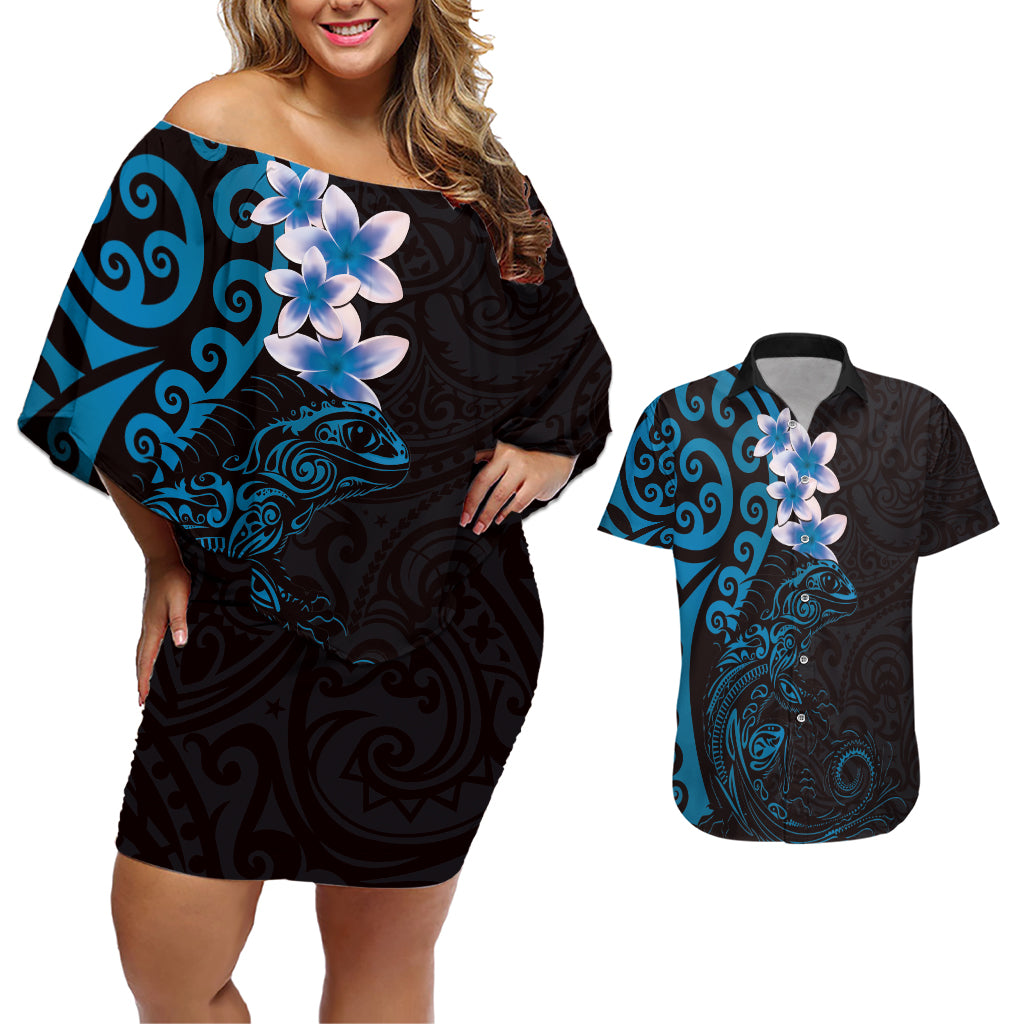 New Zealand Tuatara Plumeria Couples Matching Off Shoulder Short Dress and Hawaiian Shirt Maori Blue Koru Tribal Tattoo LT01 Blue - Polynesian Pride
