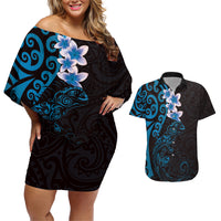 New Zealand Tuatara Plumeria Couples Matching Off Shoulder Short Dress and Hawaiian Shirt Maori Blue Koru Tribal Tattoo LT01 Blue - Polynesian Pride