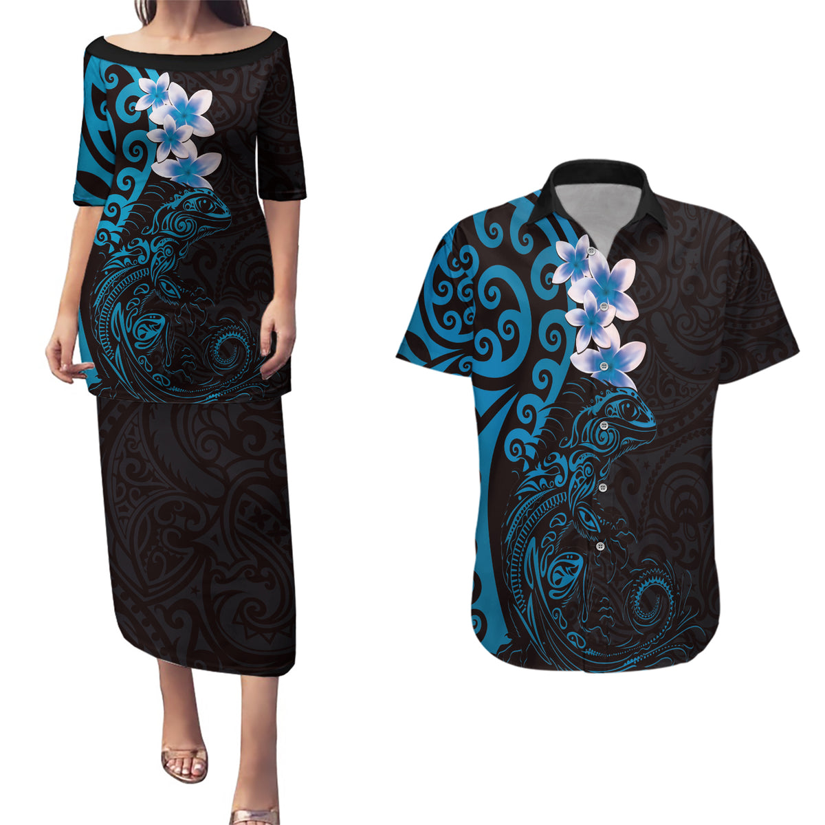 New Zealand Tuatara Plumeria Couples Matching Puletasi and Hawaiian Shirt Maori Blue Koru Tribal Tattoo LT01 Blue - Polynesian Pride