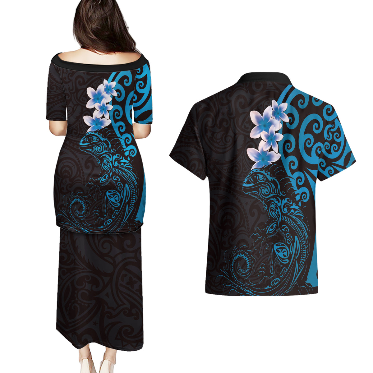 New Zealand Tuatara Plumeria Couples Matching Puletasi and Hawaiian Shirt Maori Blue Koru Tribal Tattoo LT01 - Polynesian Pride